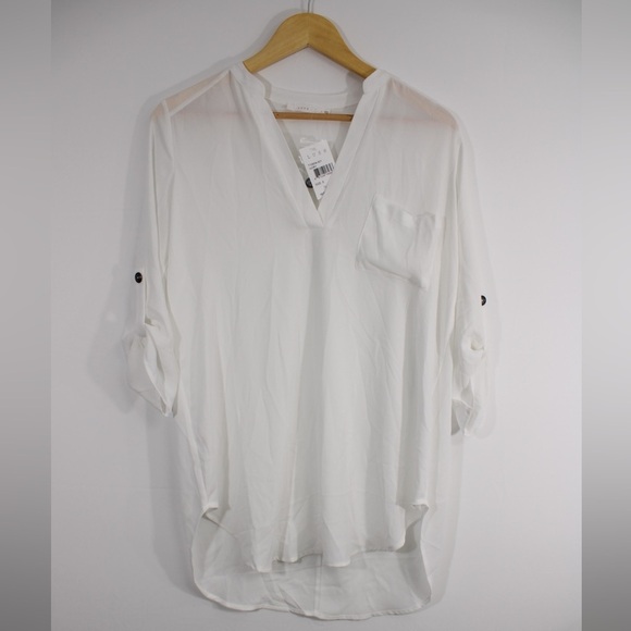 NWT‎ Lush Women's White Small Popover Hi Lo Blouse V Neck Oversized - Picture 1 of 10